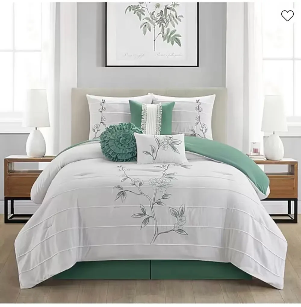 NEW! Nanshing - Raina 7PC Floral Midweight Bedding Comforter Set Queen Green